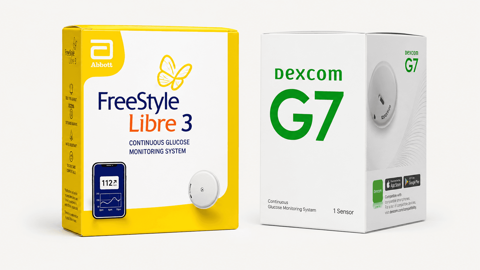 FreeStyle Libre 3 and Dexcom G7 OTC diabetic product boxes